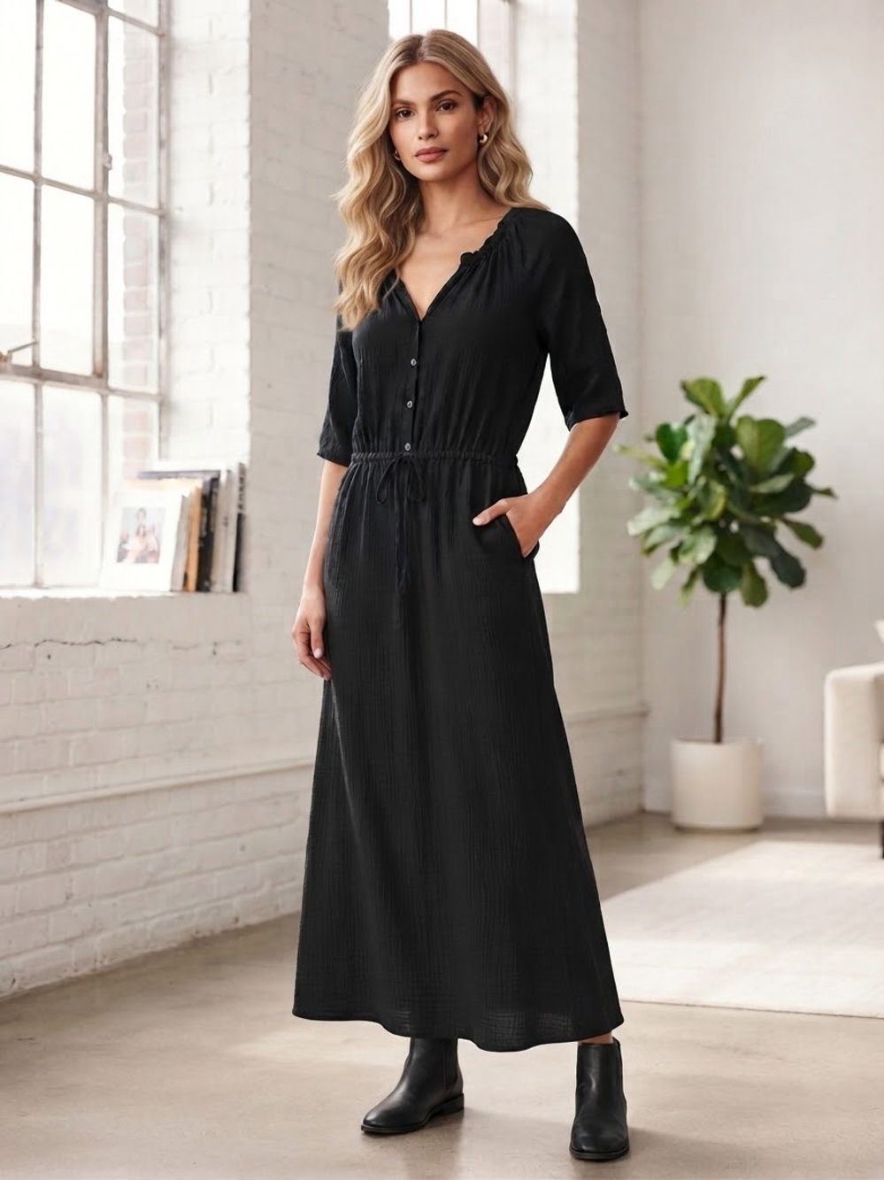 GAP Black Button-Front Maxi Dress with Drawstring Waist